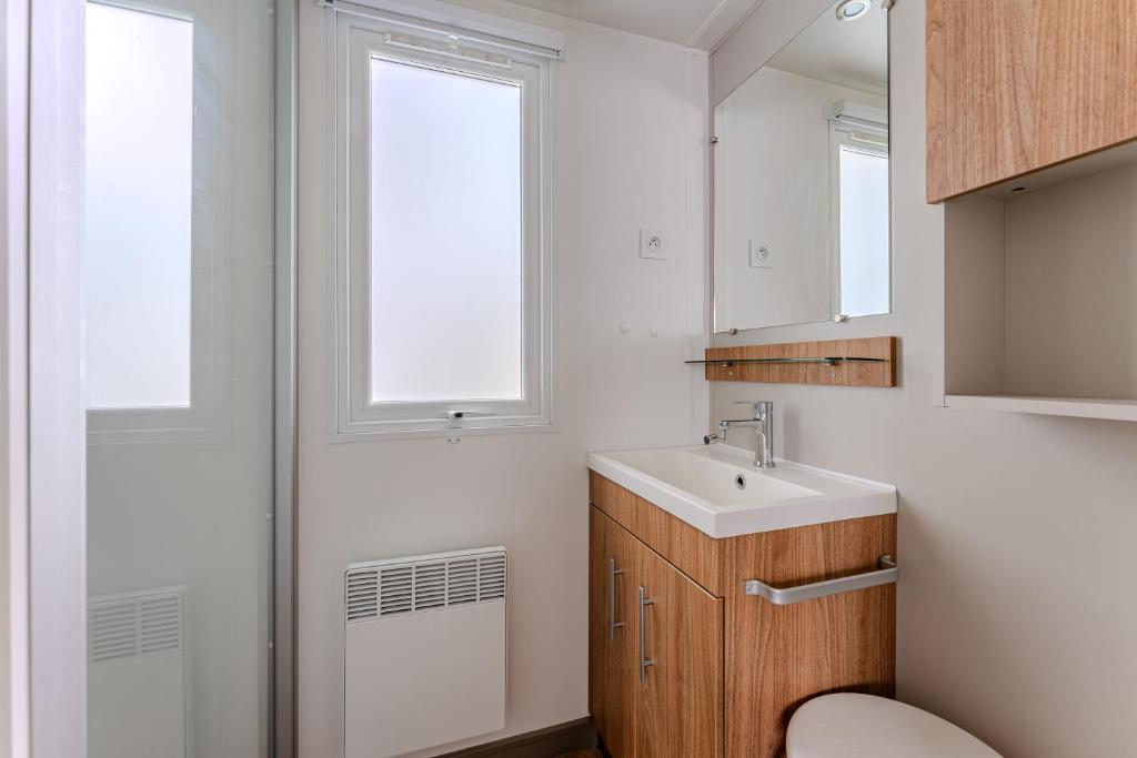 une salle de bain avec un lavabo et une douche dans l'établissement Mobilhome a La reserve, à Gastes