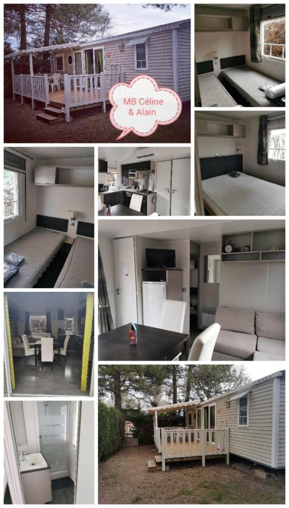un collage de photos d'une maison avec un lit et une chambre dans l'établissement Céline et Alain, mobil Home cosy, à La Roque-dʼAnthéron