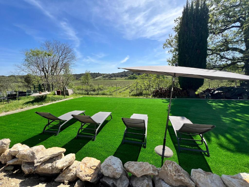 un groupe de chaises et un parasol sur une pelouse dans l'établissement Gîte au milieu des vignes, à La Bruguière
