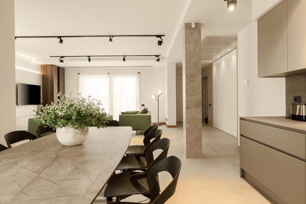 une cuisine et une salle à manger avec une grande table et des chaises dans l'établissement Villa THE ONE - ZAvillas - up to 14 people, à Ponti sul Mincio