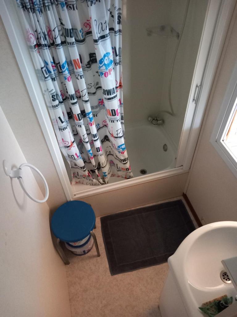 une salle de bain avec un rideau de douche et des toilettes dans l'établissement Mobil-Home The Duck, à Saint-Paul-lès-Dax
