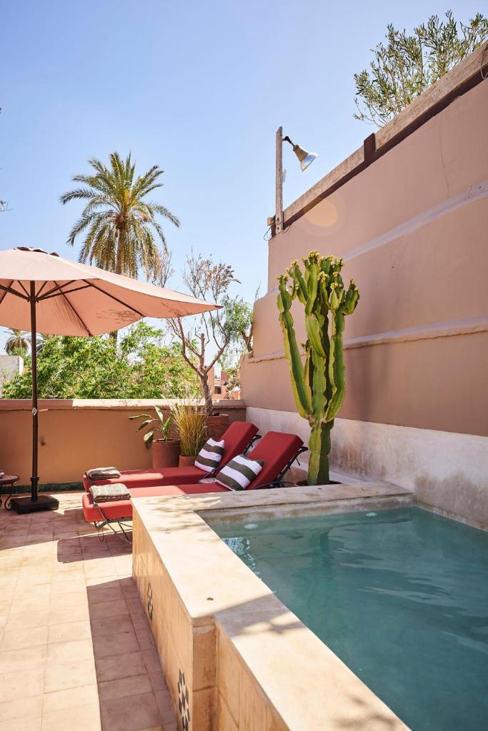 - une piscine avec un cactus et un parasol dans l'établissement Riad Dar Nakous, à Marrakech