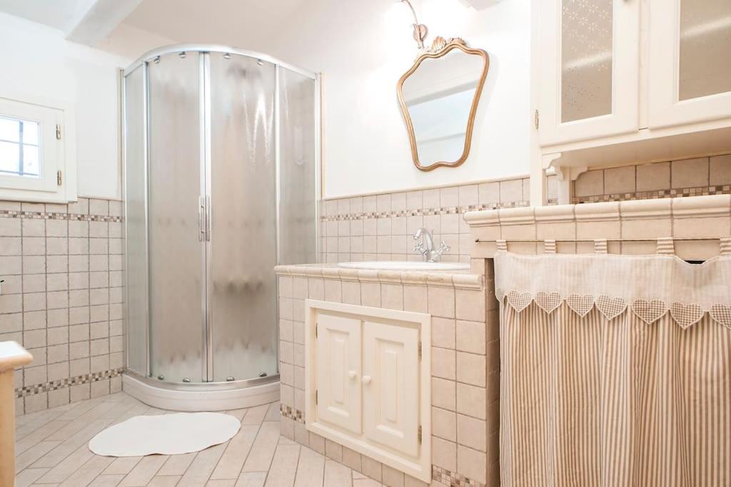 une salle de bain avec douche et lavabo dans l'établissement Tenuta la Valle Relaxing Oasis with pool in Tuascany, à Vada