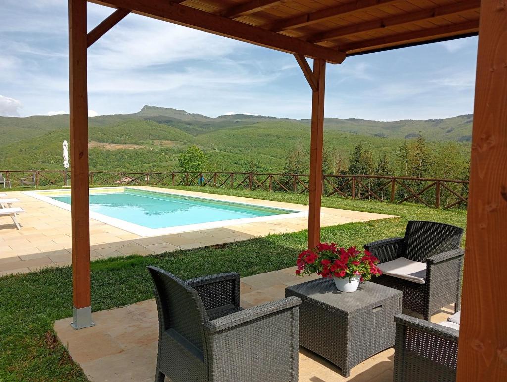 une terrasse avec des chaises en osier et une piscine dans l'établissement Antico Casale di Ferdinandi, à Bibbiena