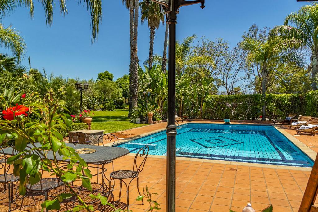 - une piscine avec une table et des chaises à côté dans l'établissement Villa Gialla, à Aci Catena