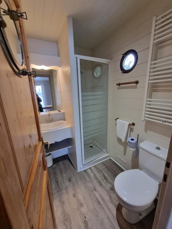 La salle de bains est pourvue de toilettes, d'une douche et d'une horloge. dans l'établissement Villa Rose La Belle Roulotte, à Escolives-Sainte-Camille