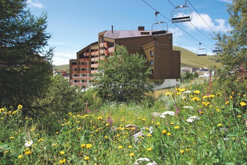 un champ de fleurs avec un téléski dans l'établissement Pierre et Vacances Les Bergers - Piscine Sauna, à L'Alpe-d'Huez