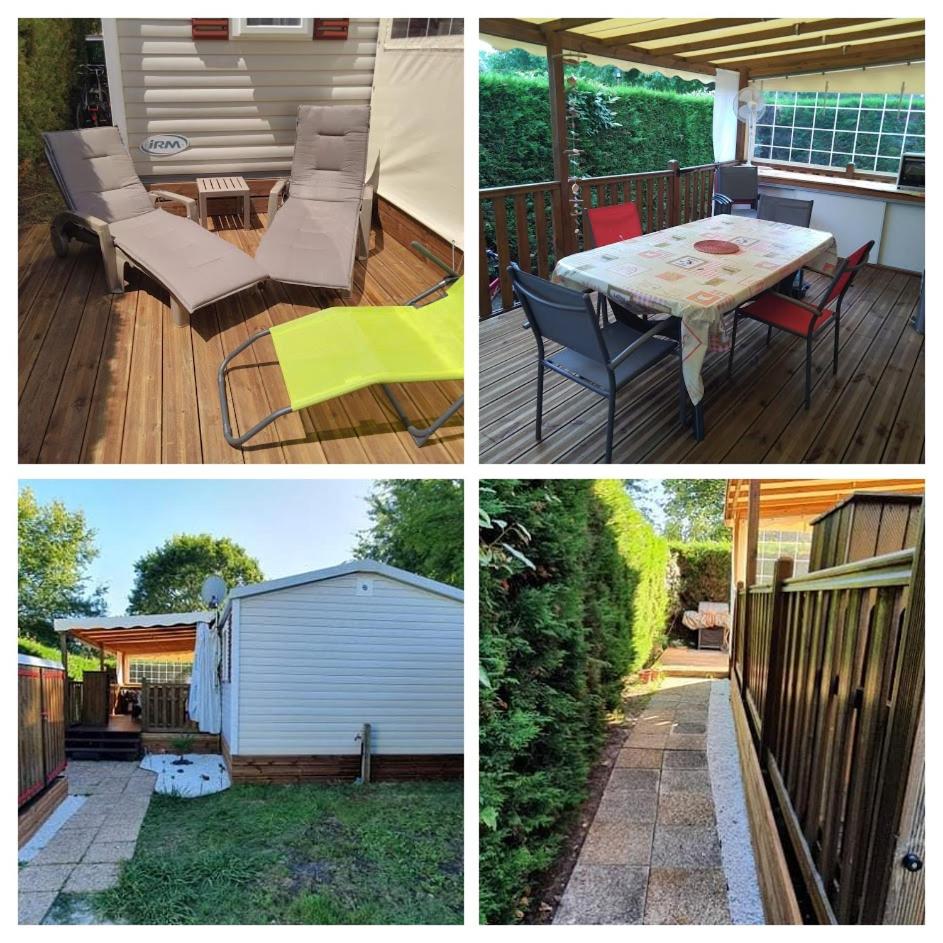 un collage de photos d'une arrière-cour avec une table et des chaises dans l'établissement mobil home, à Parentis-en-Born
