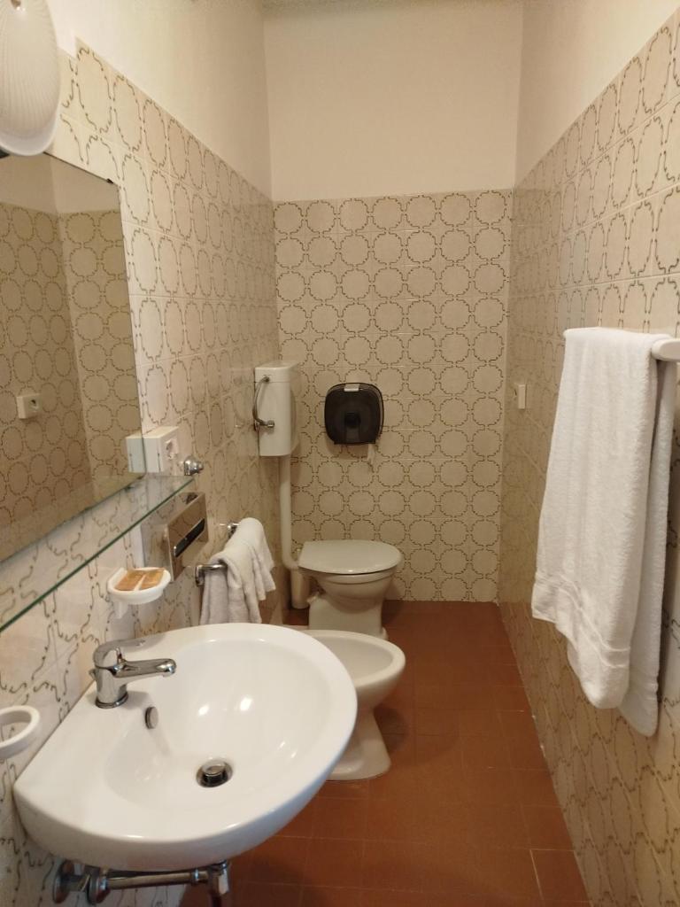 une salle de bain avec un lavabo, des toilettes et un miroir dans l'établissement Hotel Silva Frontemare, à Lido di Jesolo 62 autres photos