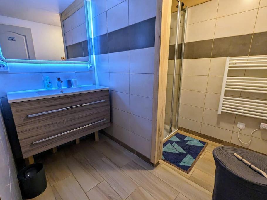 une salle de bain avec un lavabo et une douche dans l'établissement Spacieux T3 coeur de station, à Bernex
