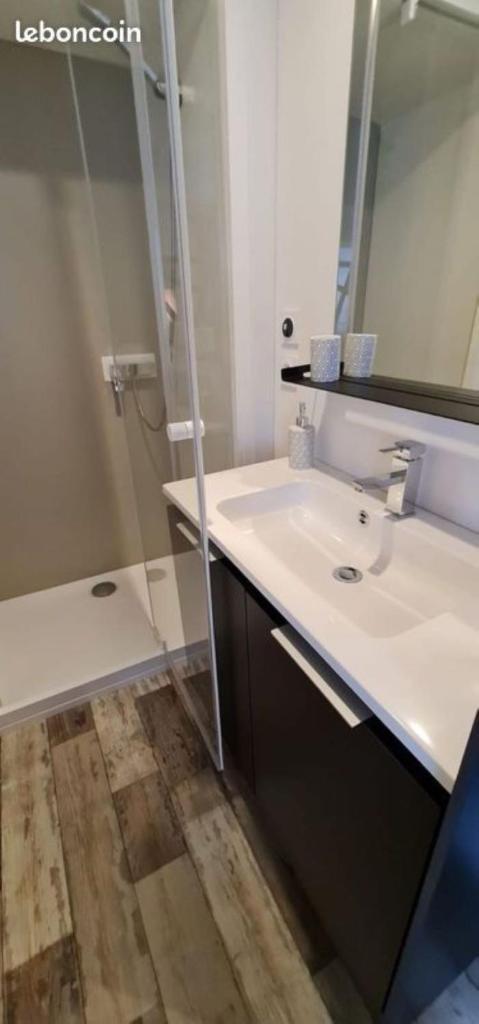 une salle de bain avec un lavabo, un miroir et une douche dans l'établissement Bungalow Mobile Home de Luxe Vue Mer Saint-Raphaël 4 personnes, à Saint-Raphaël 5 autres photos