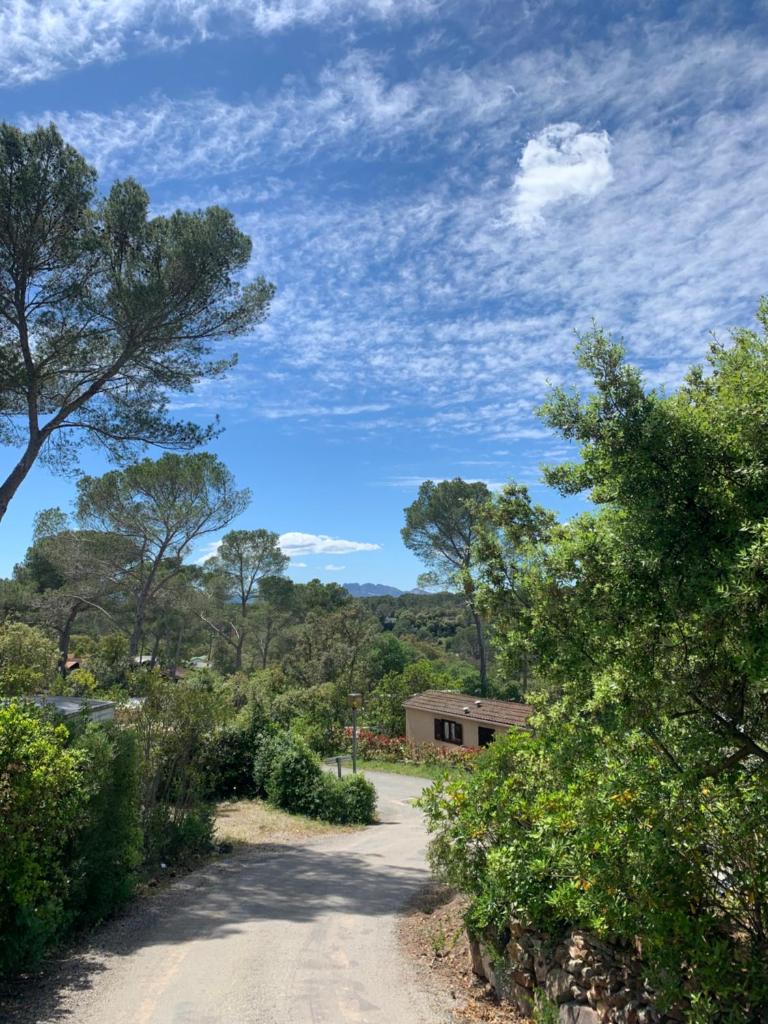 un chemin de terre avec un bâtiment au loin dans l'établissement mobile home dans un coin de paradis, à Fréjus