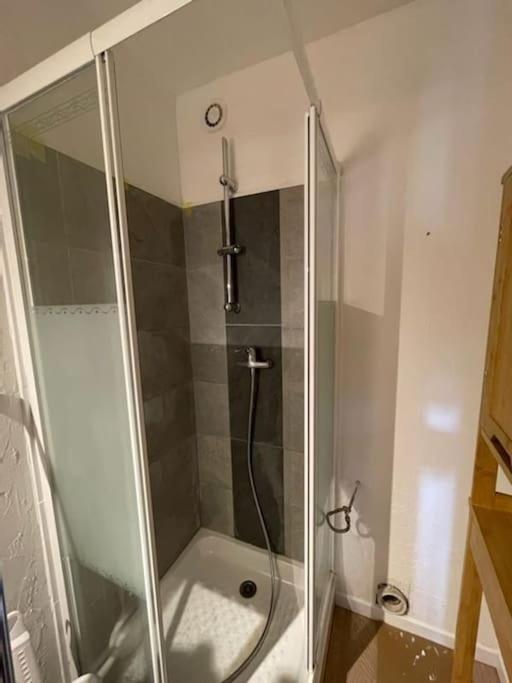 une douche avec une porte vitrée dans une salle de bain dans l'établissement Studio tout confort aux Balcons de Villard de Lans, à Villard-de-Lans