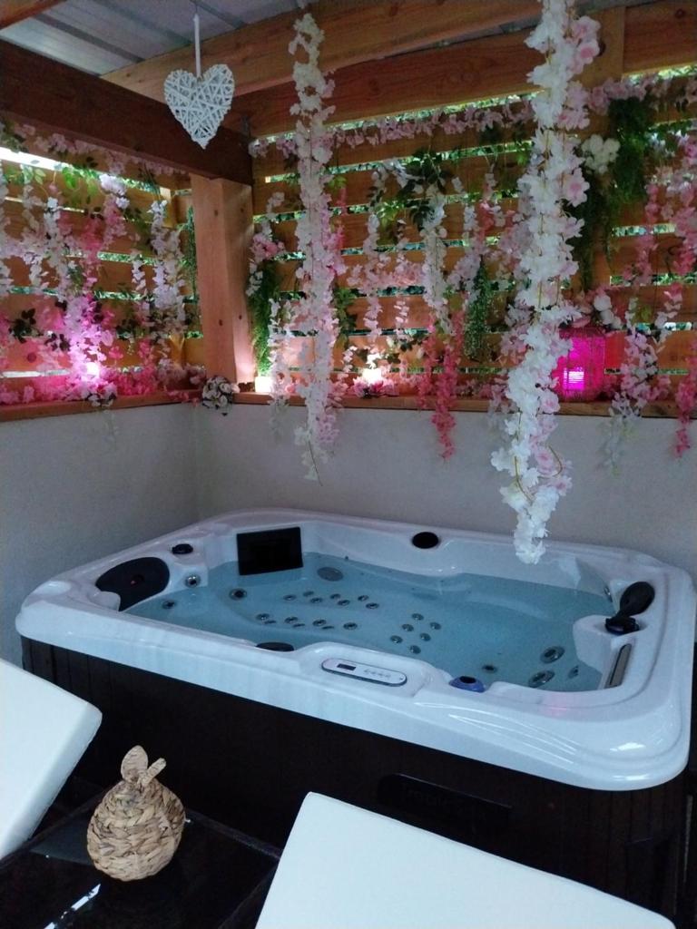 une baignoire jacuzzi dans une pièce fleurie dans l'établissement Le Clos FMR Insolite Manon Carcassonne, à Malves
