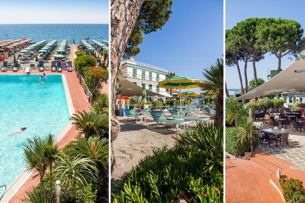 Trois photos d'un complexe avec une piscine et l'océan dans l'établissement Hotel Gabriella, à Diano Marina
