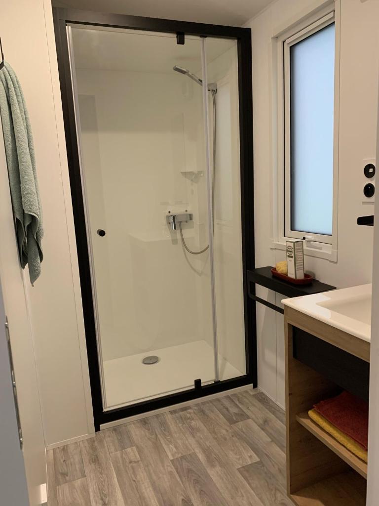une salle de bain avec une douche avec une porte vitrée dans l'établissement BAHIA LUXE, à Limeuil