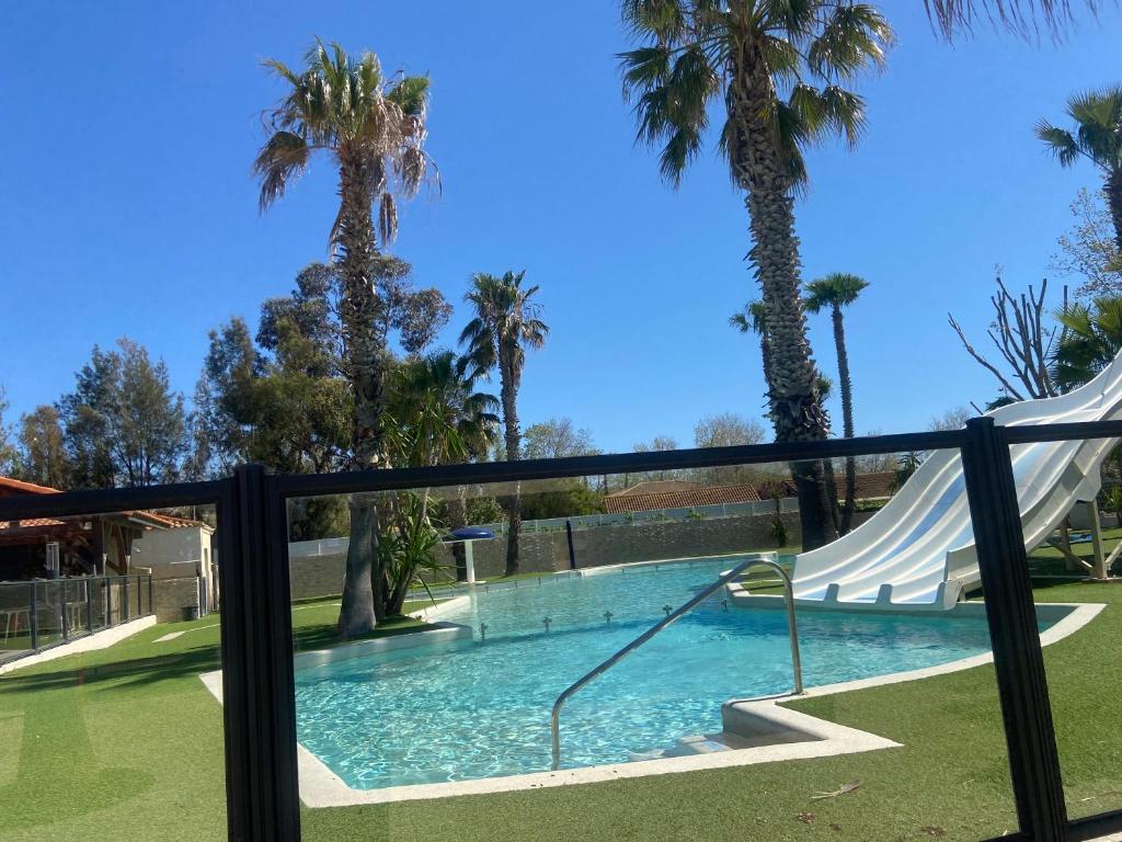- un toboggan dans une piscine bordée de palmiers dans l'établissement Tiny House, Mobilhome 6 personnes au Port de Vendres plage, à Vendres