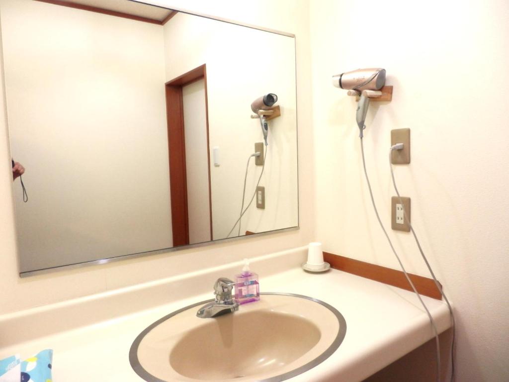 une salle de bain avec un lavabo et un grand miroir dans l'établissement Tenryuso, à Ōtaki 15 autres photos