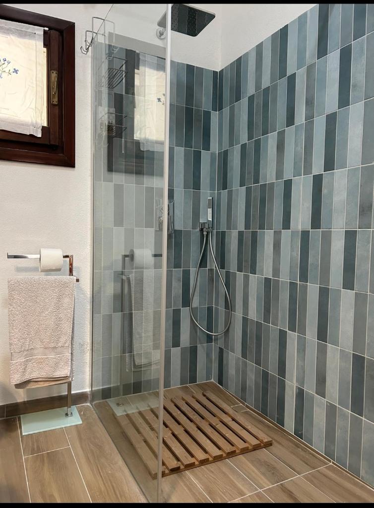 une salle de bain avec une douche avec une porte vitrée dans l'établissement VILLA VELA MARINA, à Santa Teresa Gallura