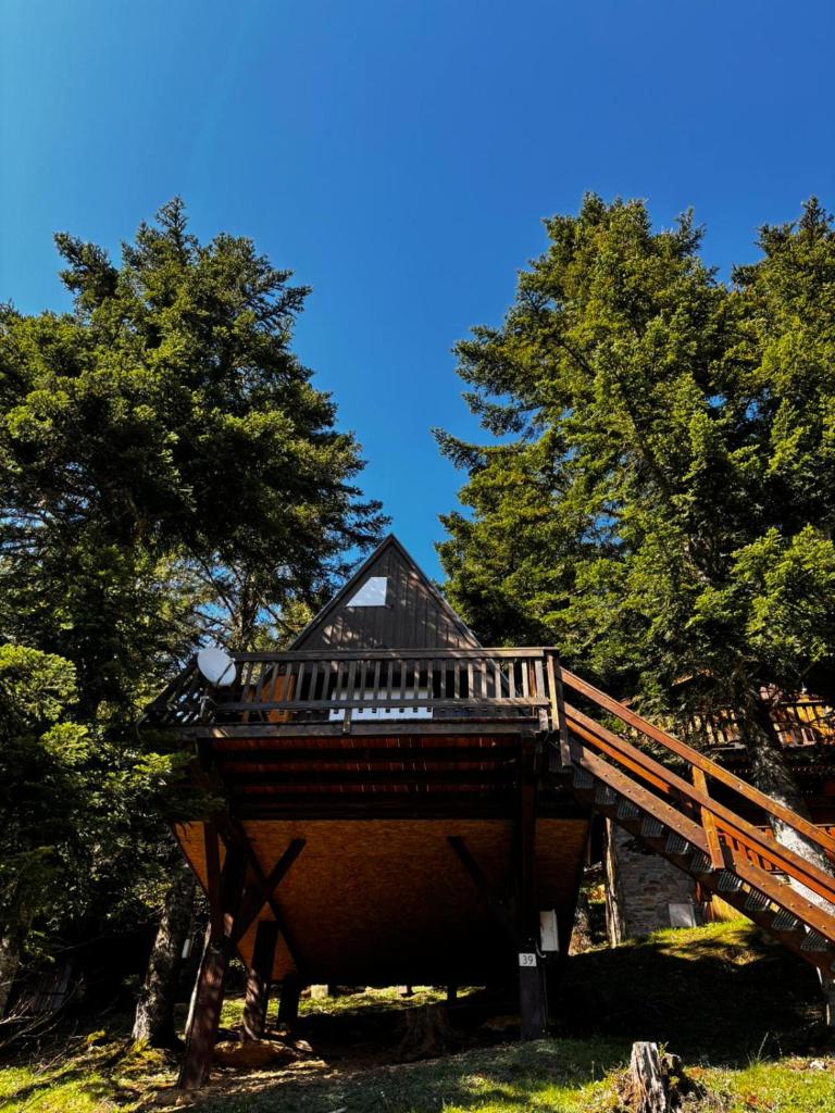 un pont en bois avec des arbres en arrière-plan dans l'établissement Chalet de montagne, à Ustou