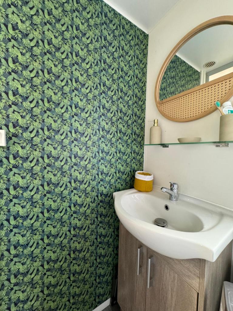 une salle de bain avec un lavabo et un miroir dans l'établissement Mobil home climatisé golf de saint tropez camping 4 étoile, à Gassin