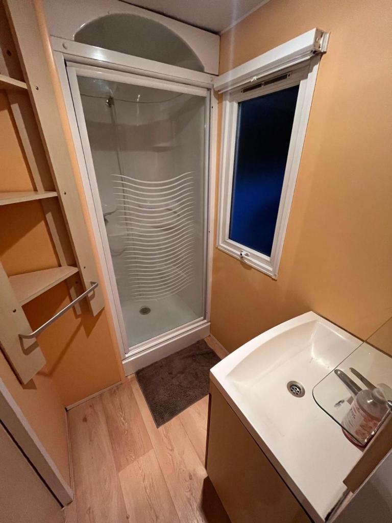 La petite salle de bains est pourvue d'une douche et d'une fenêtre. dans l'établissement Mobil-Home avec belle exposition, à Saint-Chéron