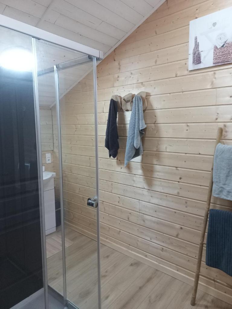 - une douche dans une chambre dotée d'un mur en bois dans l'établissement Gîte Germaine et Yves, à Fix-Saint-Geneys