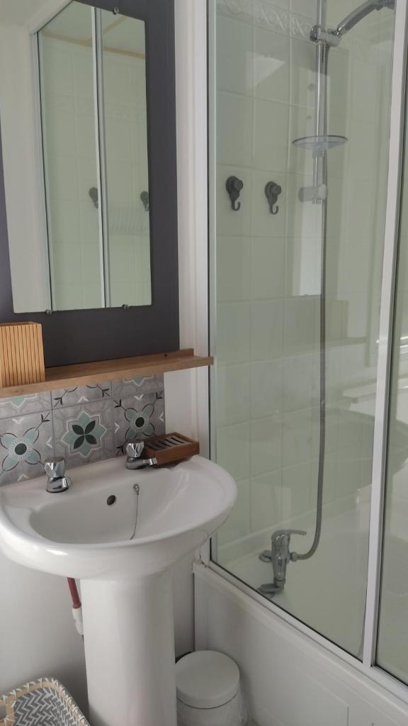 une salle de bain avec un lavabo blanc et une douche dans l'établissement Mobile home a louer, à La Londe-les-Maures 5 autres photos