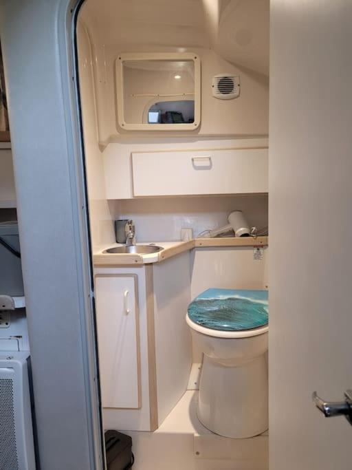 une petite salle de bain avec toilettes et lavabo dans l'établissement Bateau sur terre près du bassin, à Capvern
