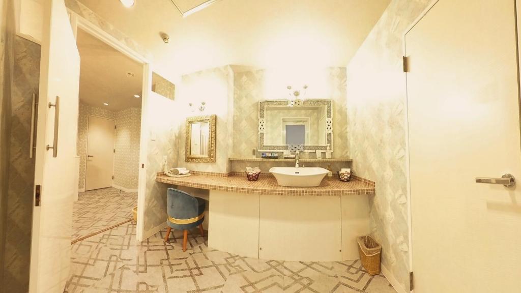 une salle de bain avec un lavabo et un miroir dans l'établissement アンブレイン堺, à Sakai