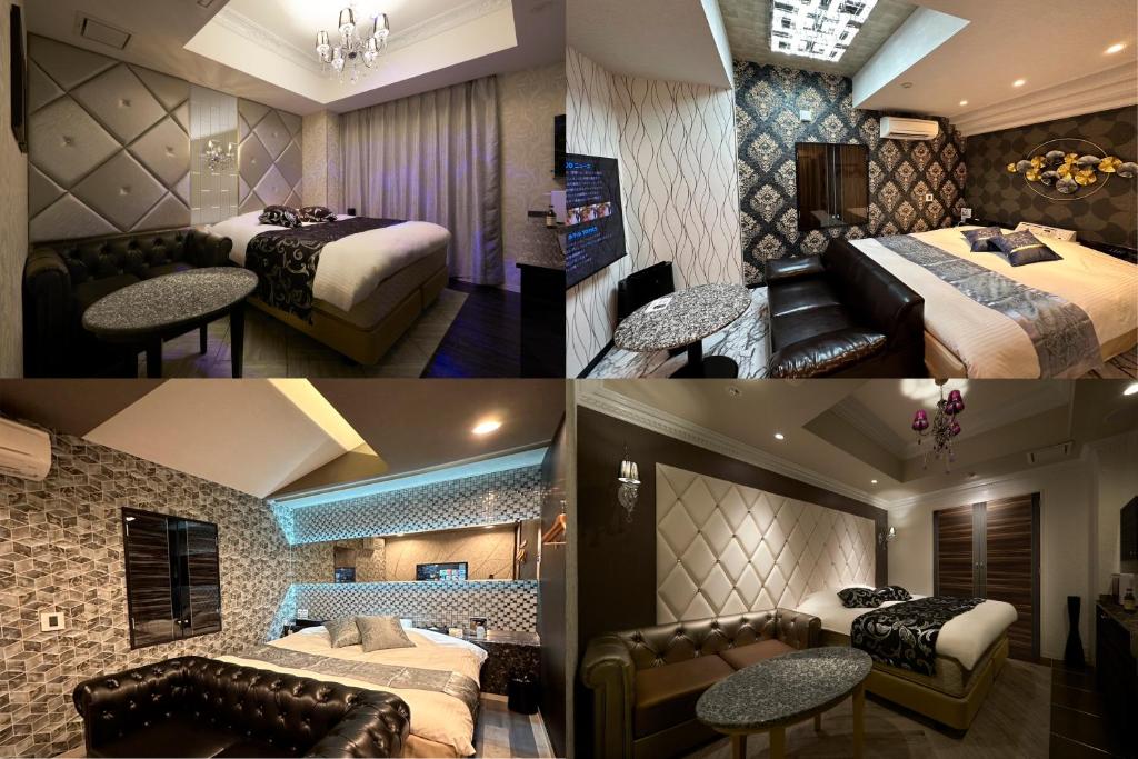 3 photos d'une chambre d'hôtel avec 2 lits dans l'établissement HOTEL EXE (Adult Only), à Tokyo