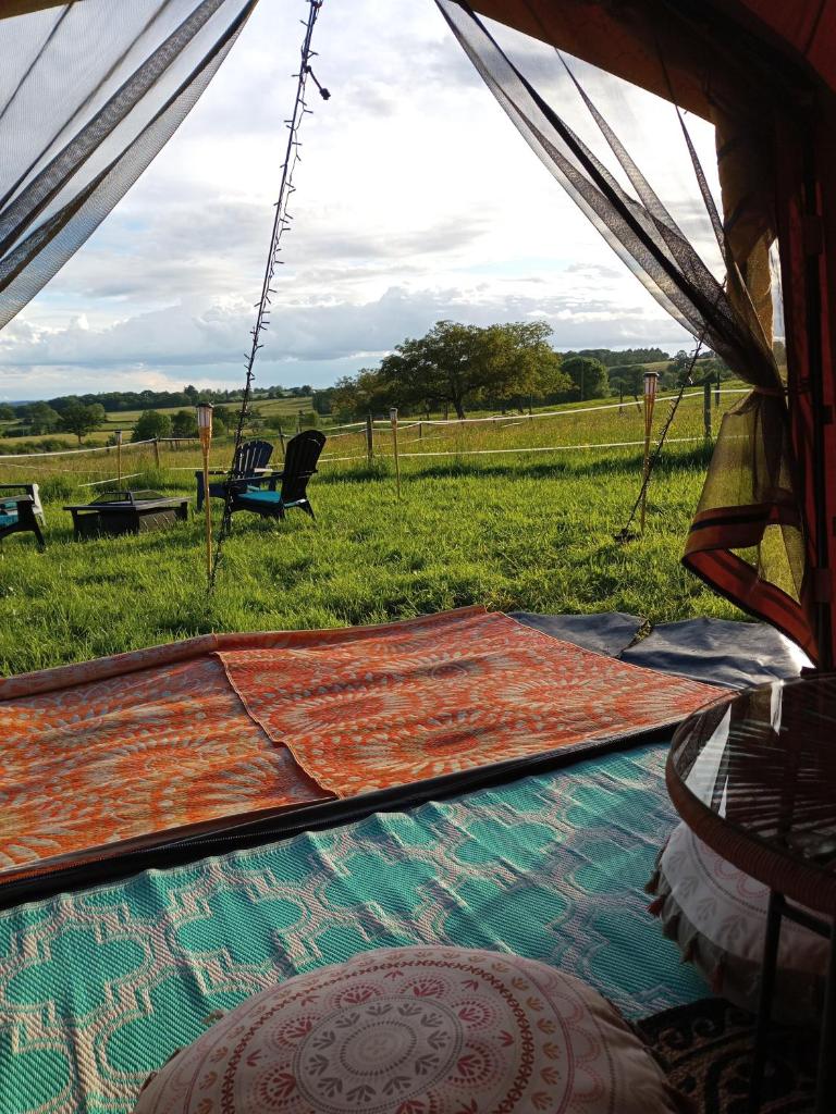 une tente avec vue sur un champ et une chaise dans l'établissement Tente au milieu des chevaux, à Mont