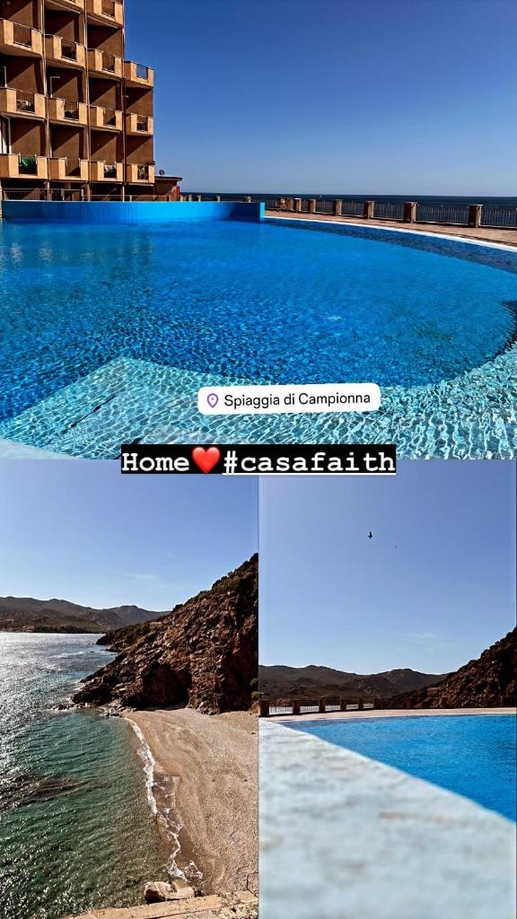 un collage de deux photos d'une plage et d'un bâtiment dans l'établissement Casa faith, à Campionna