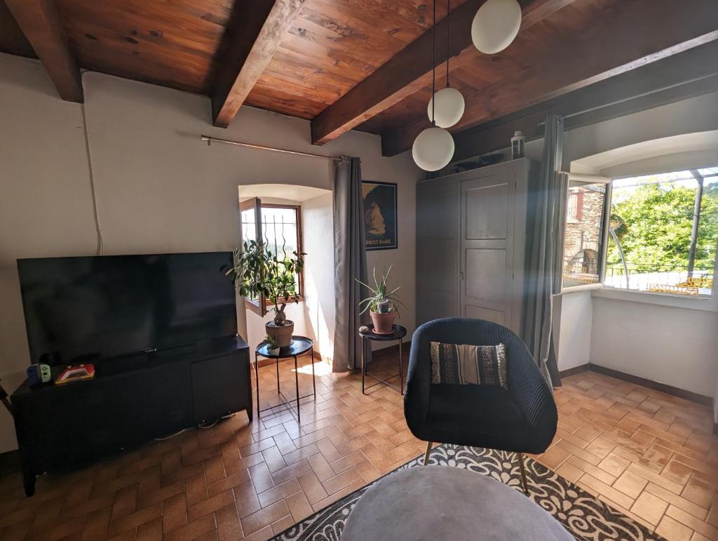 un salon avec une chaise noire et une télévision dans l'établissement gîte de l'olivier - 3 étoiles - domaine de l'olivier, à Faugères
