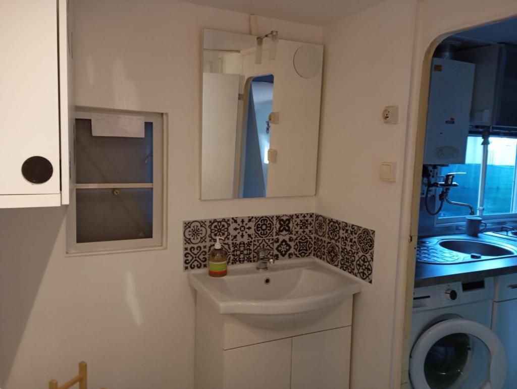 une salle de bain avec un lavabo et une machine à laver dans l'établissement Mobil home 6 pers - camping Les Arbouses - clim terrasse plancha, au Castellet