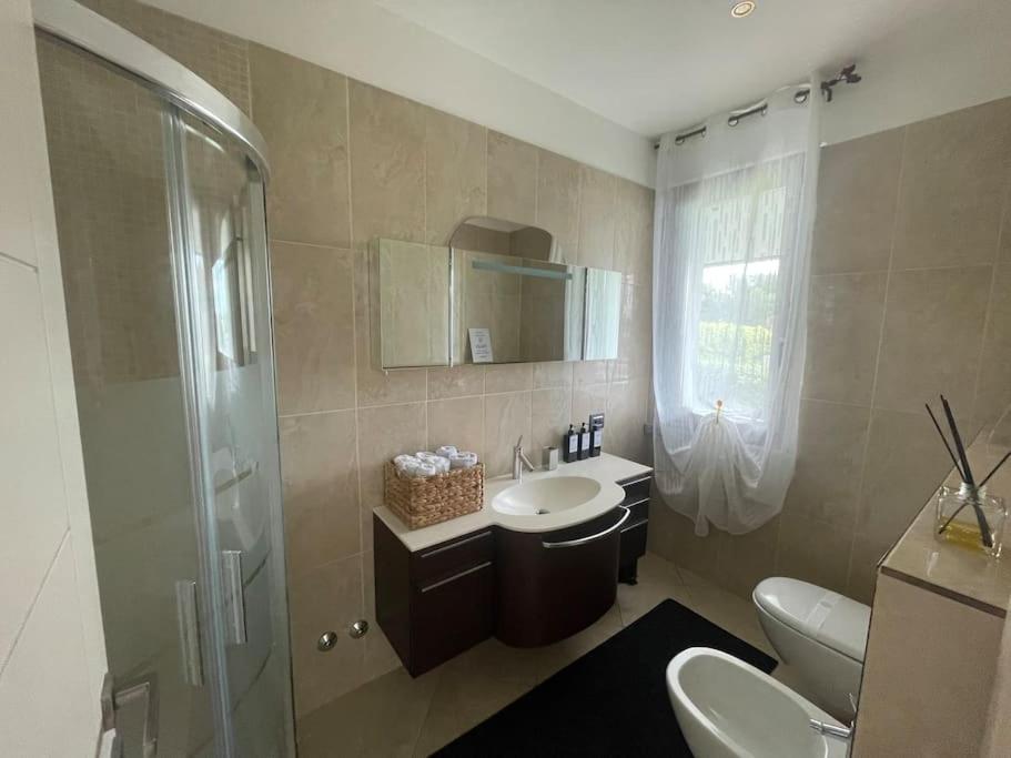 une salle de bain avec un lavabo, une douche et des toilettes dans l'établissement Lake Home Holiday Wellness Villa da sogno sul lago, à Pusiano