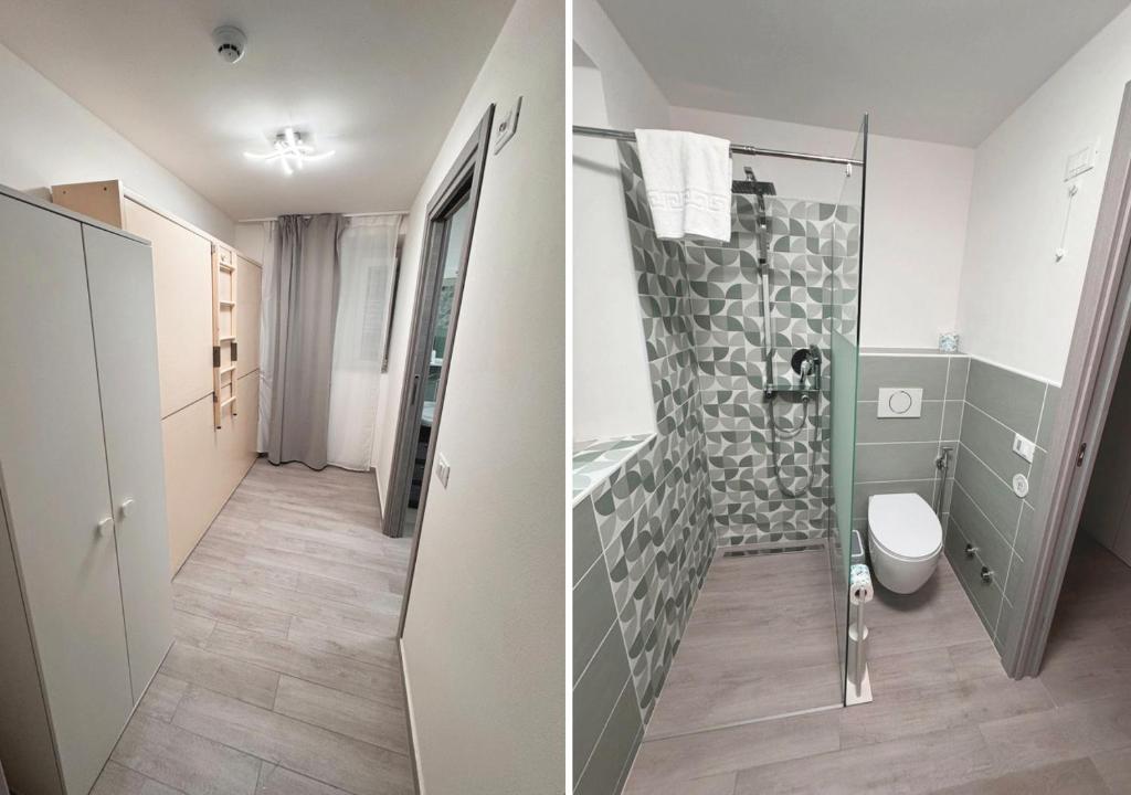 - deux photos d'une salle de bains avec douche et toilettes dans l'établissement chiAma Hotel, à Rimini 54 autres photos