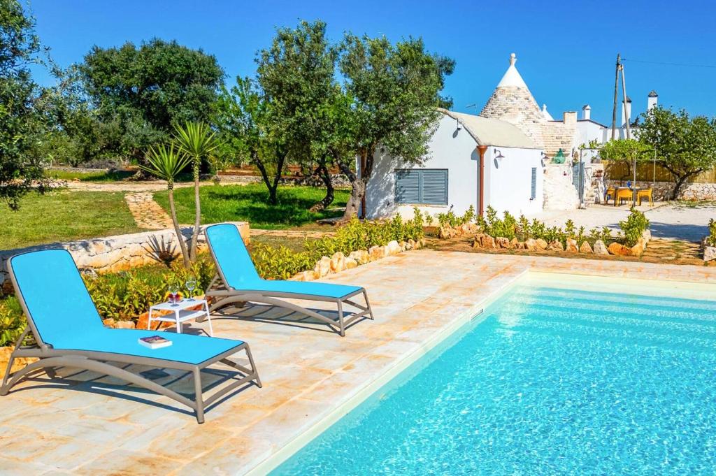un patio avec deux chaises et une piscine dans l'établissement Villa Trullo Ettore by Villa Plus, à Ceglie Messapica
