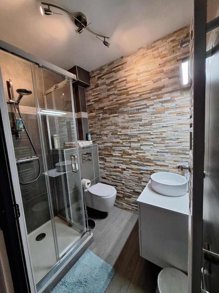 une salle de bain avec une douche en verre et des toilettes dans l'établissement Grand Studio rénové, tout confort, belles prestations - Résidence du Bois de l'Ours, aux Rousses