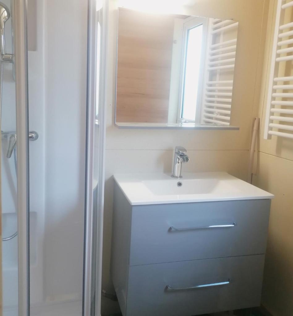 une salle de bain avec un lavabo blanc et un miroir dans l'établissement Camping L'oasis Du Berry, à Saint-Gaultier