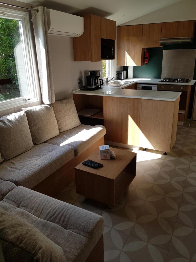 un salon avec un canapé et une cuisine dans l'établissement Mobil home Aventura 8 places, à Gastes