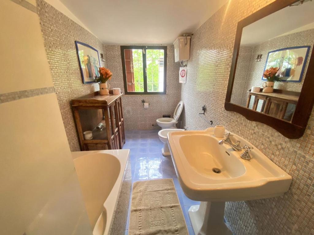 une salle de bain avec un lavabo, des toilettes et un miroir dans l'établissement Splendida villa con piscina, à Vignanello