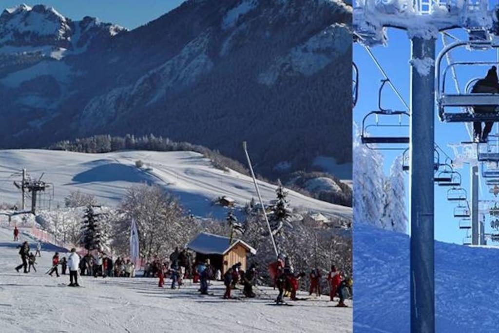 un groupe de personnes sur une remontée mécanique dans la neige dans l'établissement appartement montagne la vallée verte cœur station Hirmentaz, à Bellevaux
