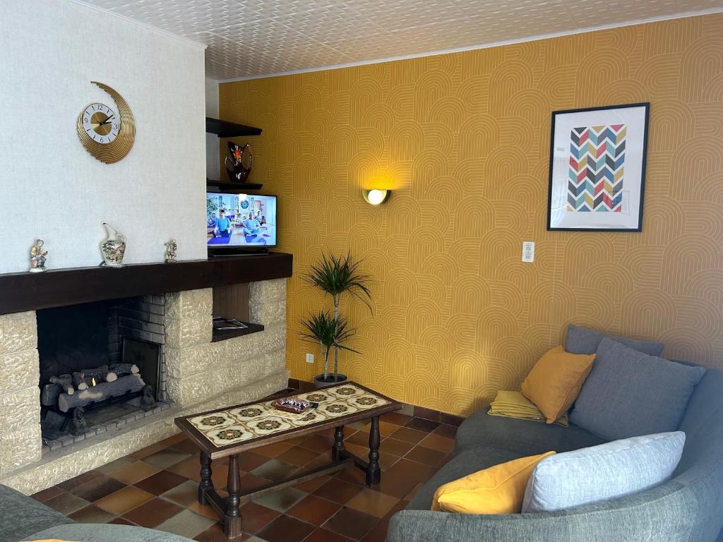 un salon avec un canapé et une cheminée dans l'établissement Gîte LA MAISON ROSE, à Lannemezan