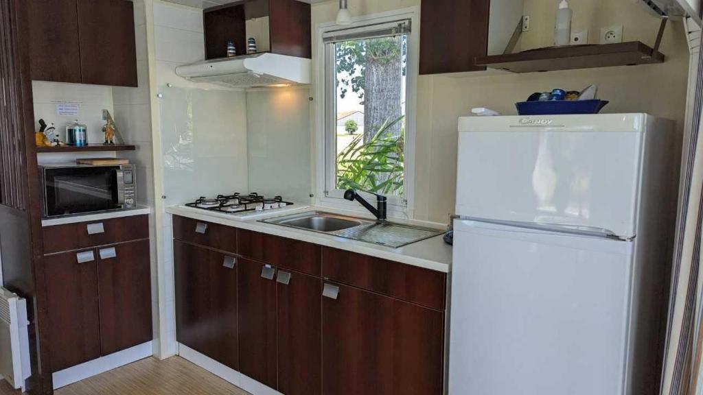 une cuisine avec un réfrigérateur blanc et un évier dans l'établissement Cottage flottant terrasse gamme supérieure option jacuzzi proche Dijon, à Ouges