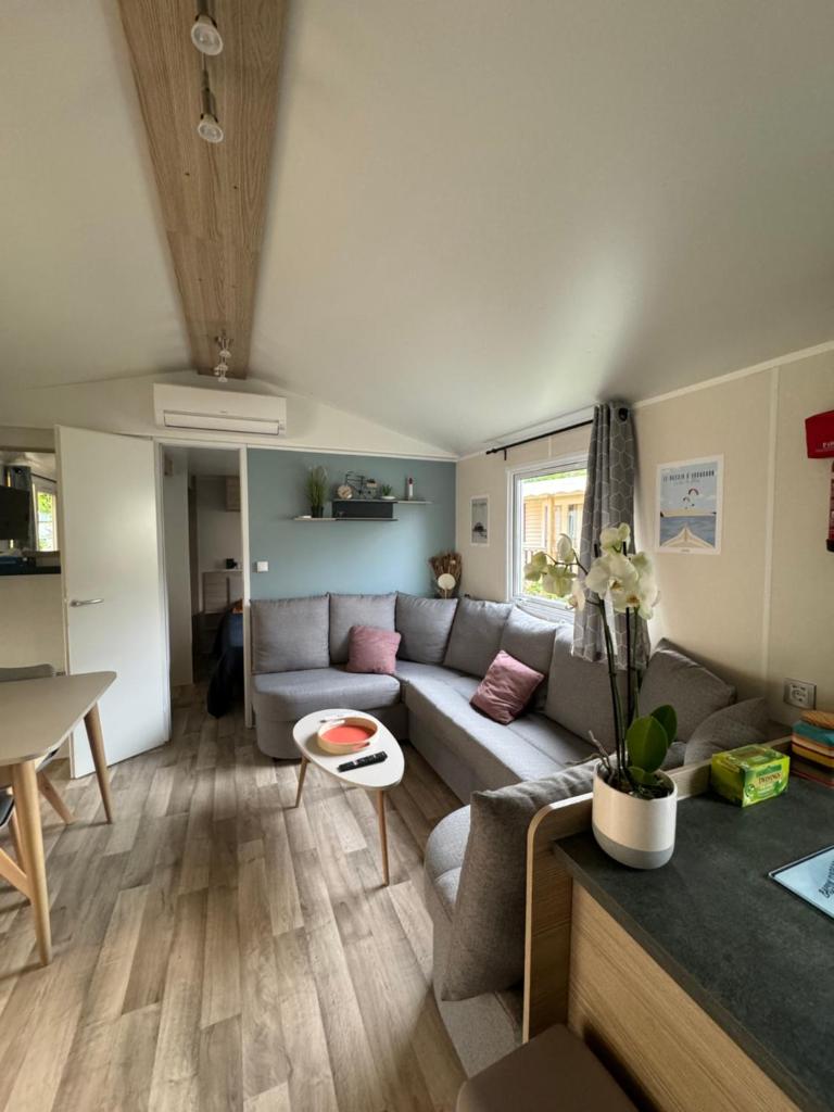 un salon avec un canapé et une table dans l'établissement Mobil-Home, à Lège-Cap-Ferret