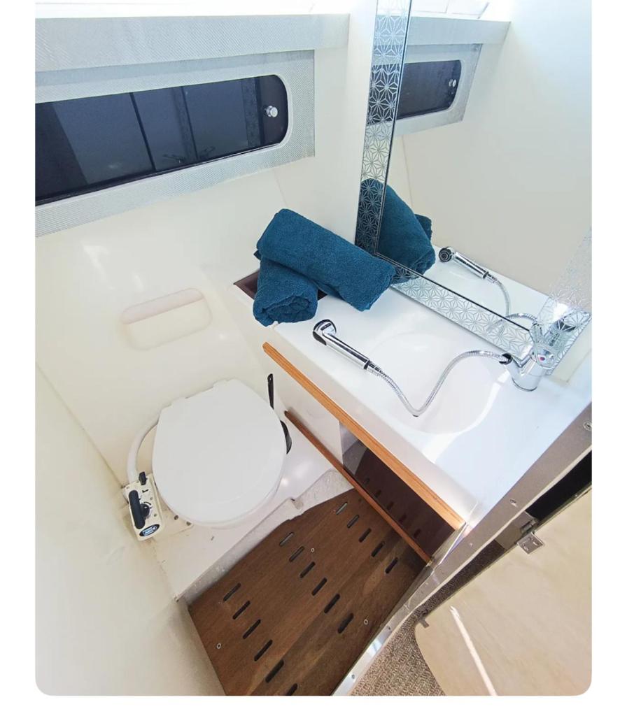 une salle de bain avec toilettes et lavabo sur un bateau dans l'établissement Nuit insolite et cocon, à Valence 25 autres photos