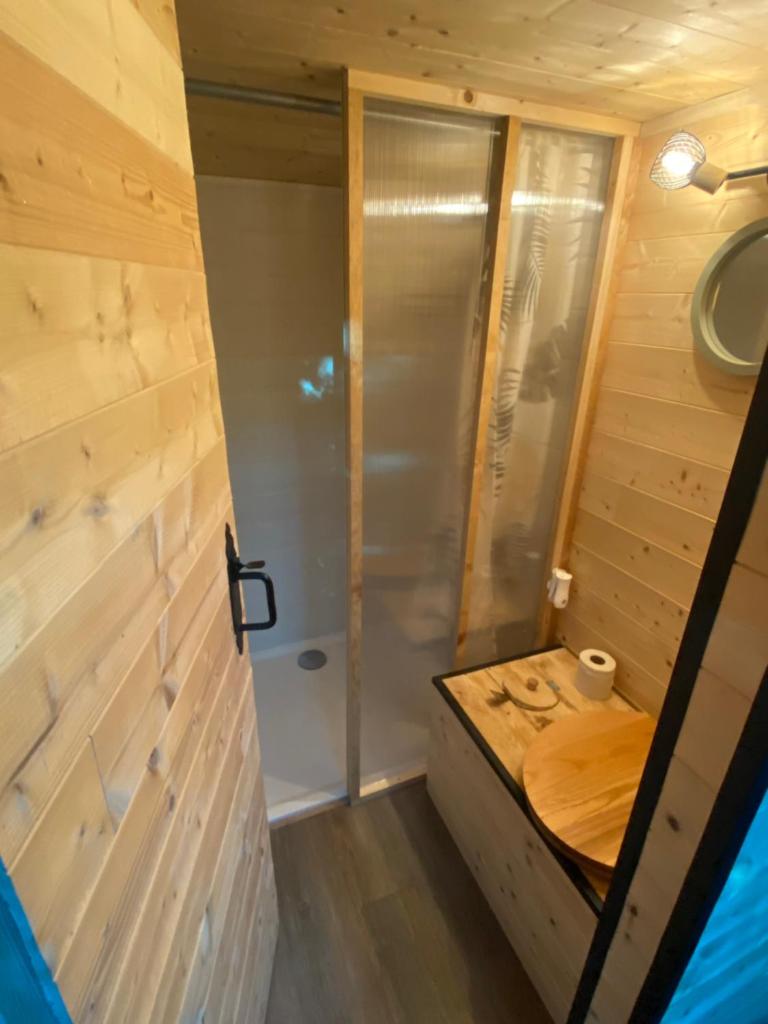 une petite salle de bain avec un lavabo et une douche dans l'établissement Woody Wood Bus, à Vergeroux