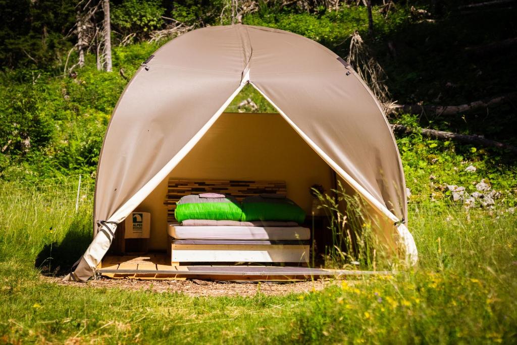 une tente avec un lit dans l'herbe dans l'établissement Eco Bivouac village igloos Annecy - LE SEMNOZ - à 20 minutes d'Annecy, à Annecy