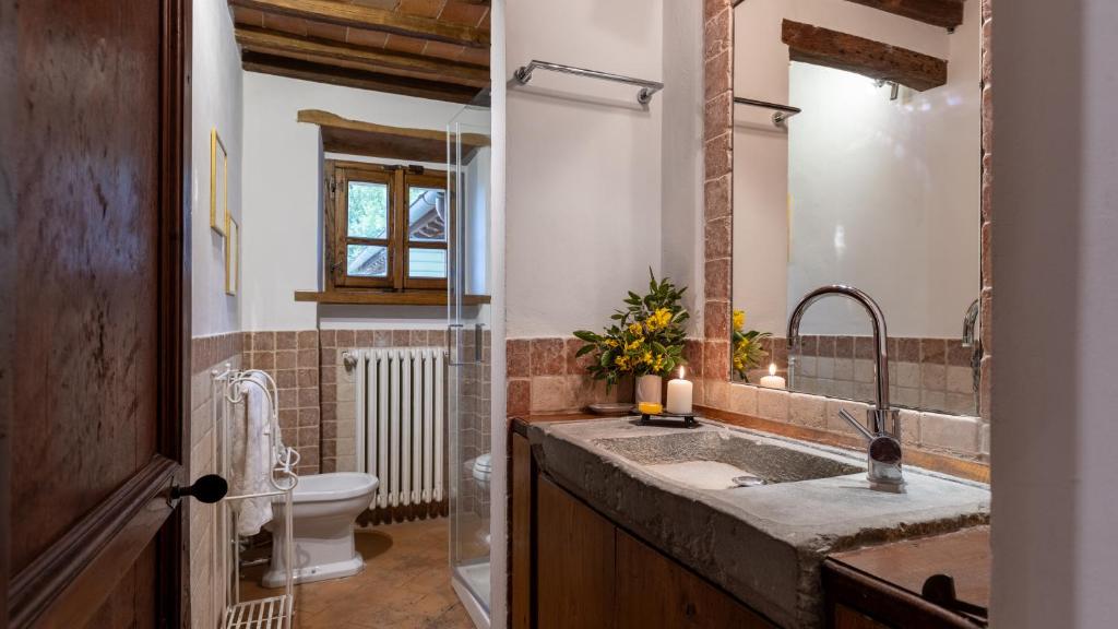 une salle de bain avec un lavabo et des toilettes dans l'établissement IL ROMITOIO 12, Emma Villas, à Cortone
